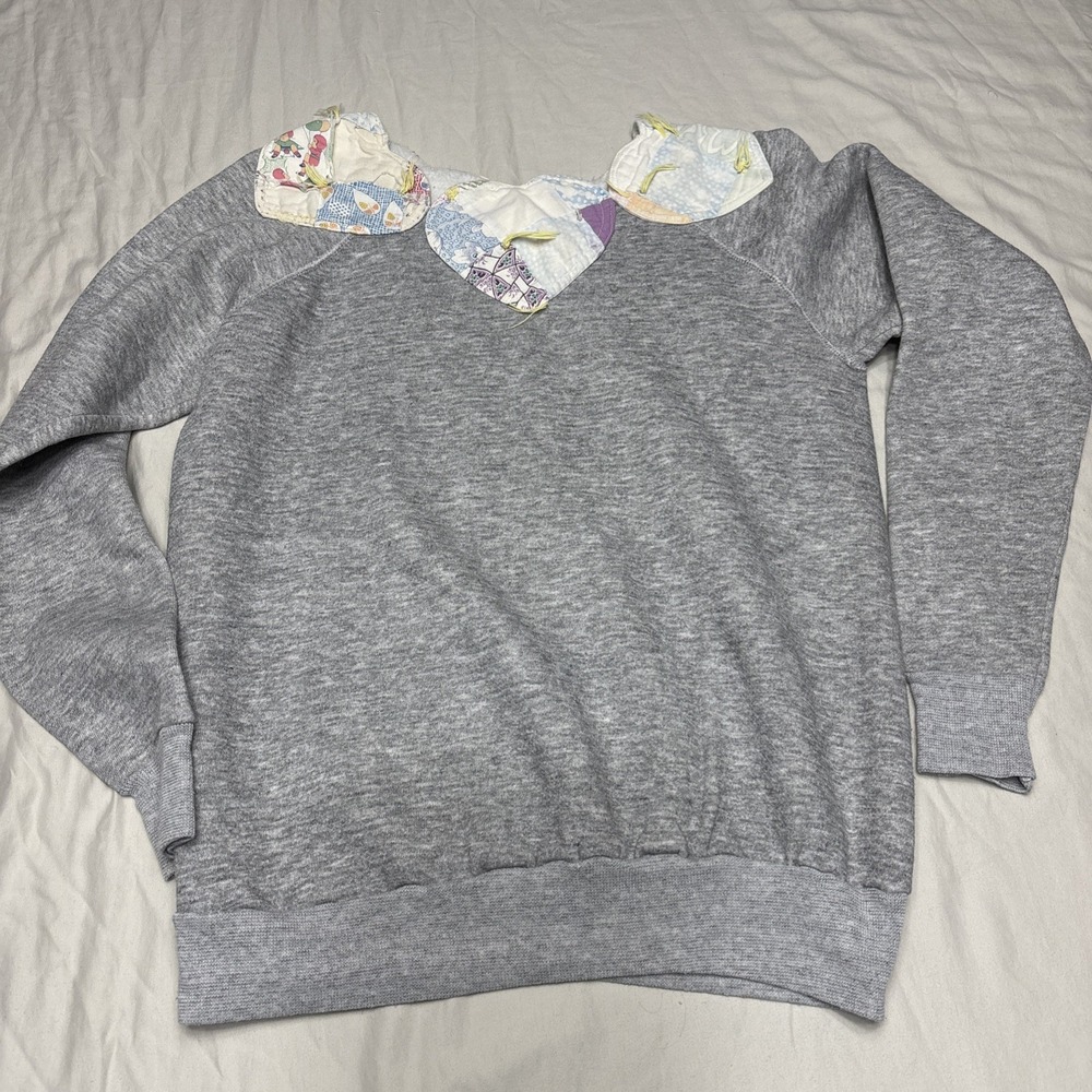 Vintage Upcycled Handmade Patchwork Sweatshirt M Quilt Heart Neckline Grandma